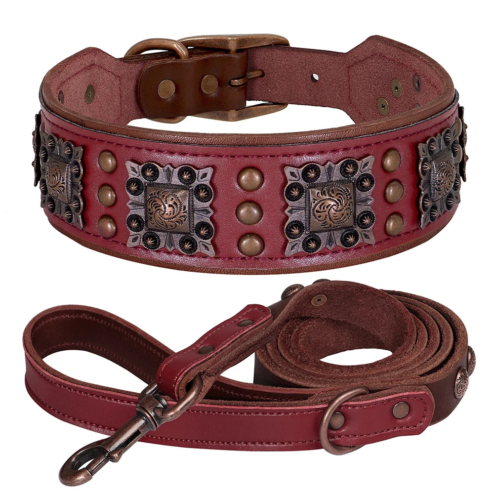 100% Leather Wide Collar Leash Set for Large Dogs - BOLD, STYLISH, VINTAGE