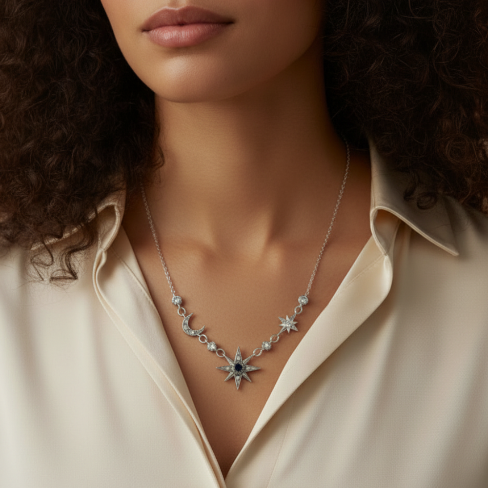 Royalty Star & Moon Necklace in 925 Stering Silver with Zircons