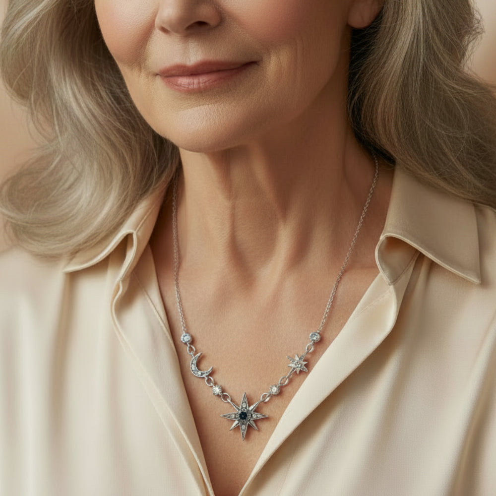 Royalty Star & Moon Necklace in 925 Stering Silver with Zircons