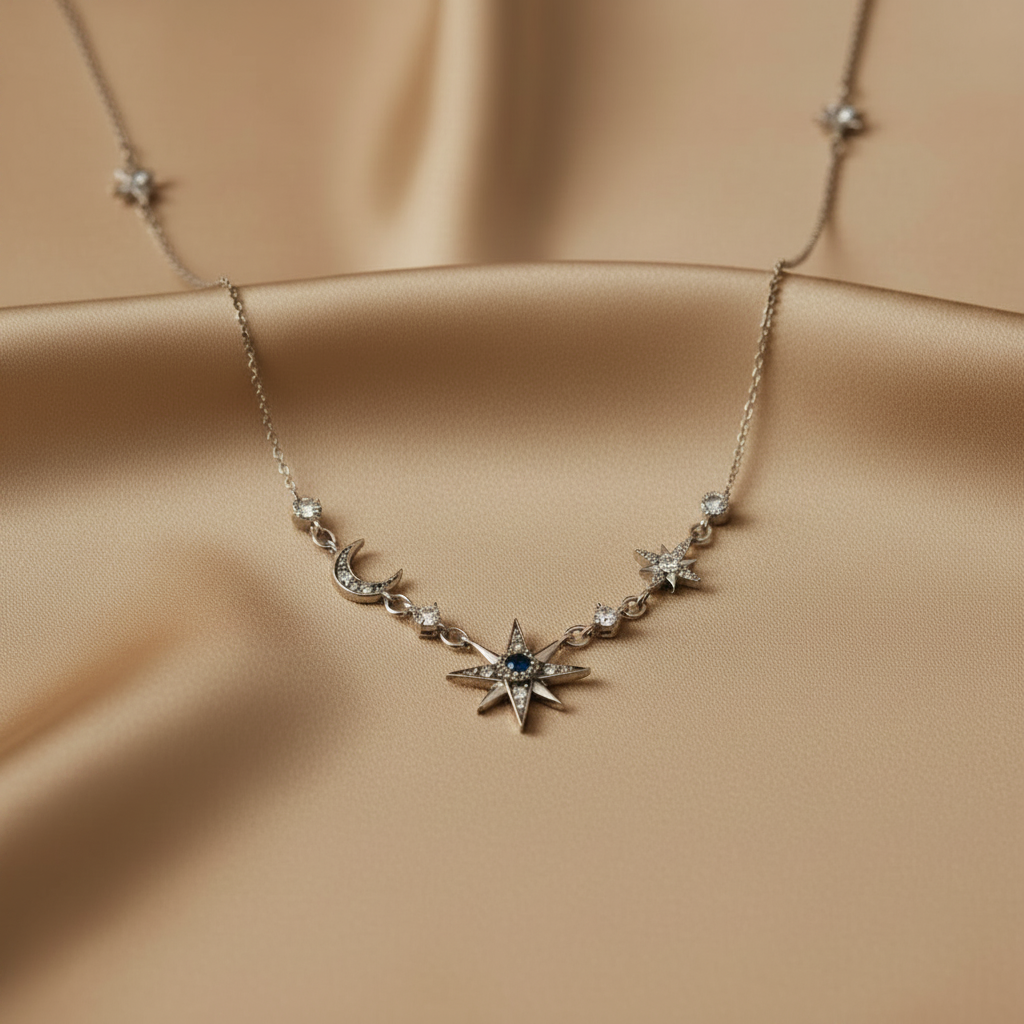 Royalty Star & Moon Necklace in 925 Stering Silver with Zircons