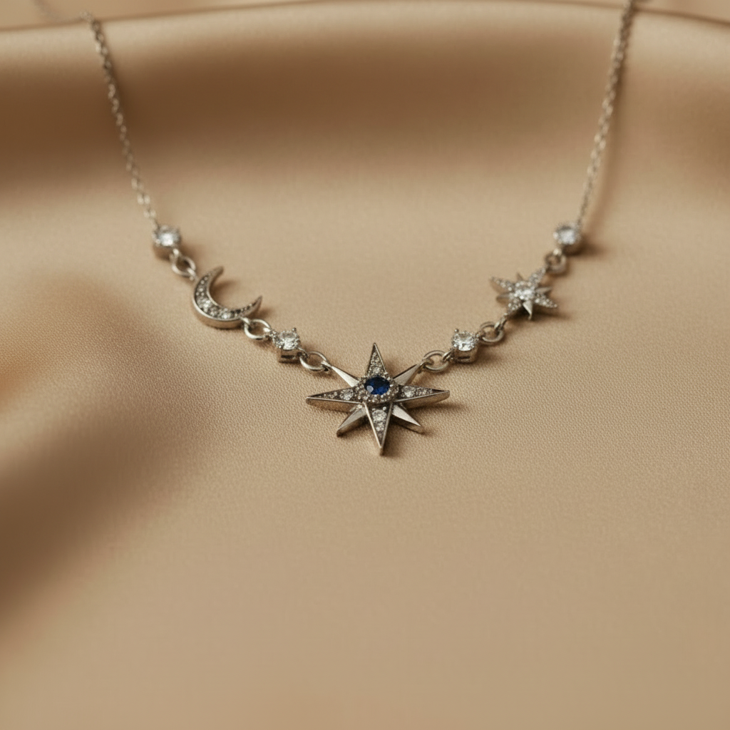 Royalty Star & Moon Necklace in 925 Stering Silver with Zircons