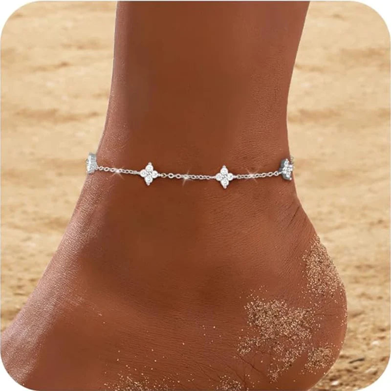 Gold Plated Silver 925 Sterling Silver Zircon Clover Ankle Bracelet