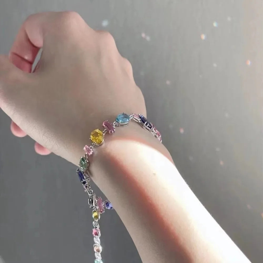 Colorful Zircon Crystal Necklace, Earrings & Bracelet in Zinc Alloy