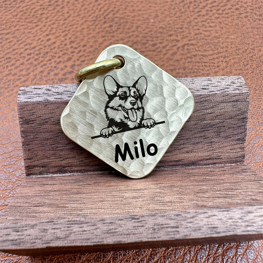 Hand Hammered Square Brass Dogs ID Name Tag Customizable Engravable