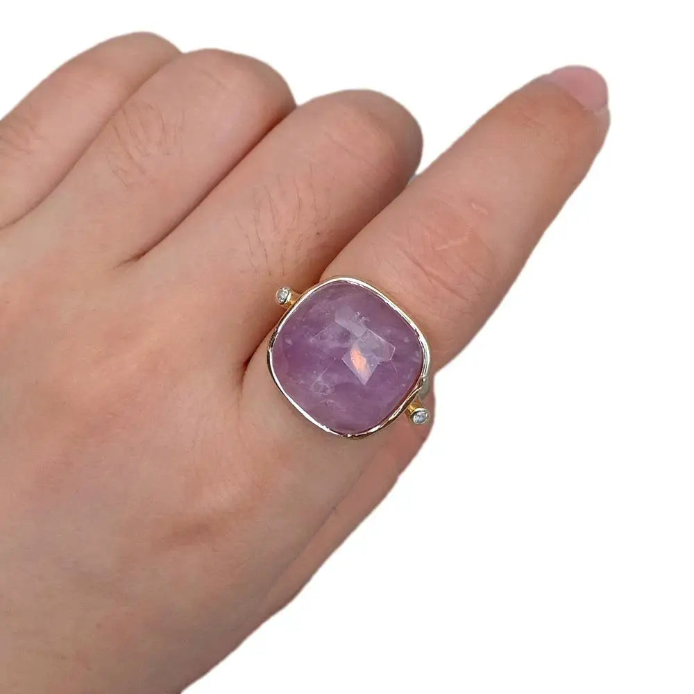 18K Gold Plated Copper Ring with Natural Purple Amethyst Stone, Adjustable