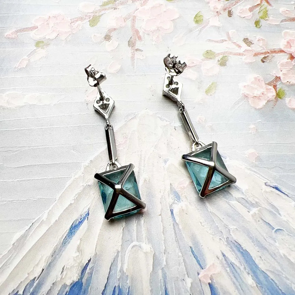 Square Aquamarine Stud Earrings In 925 Sterling Silver with Cubic Zirconia