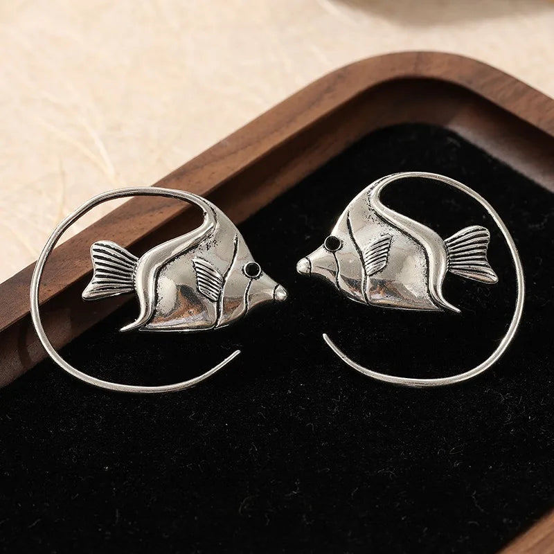 Cooper Alloy Fish Circle Dangle Earrings