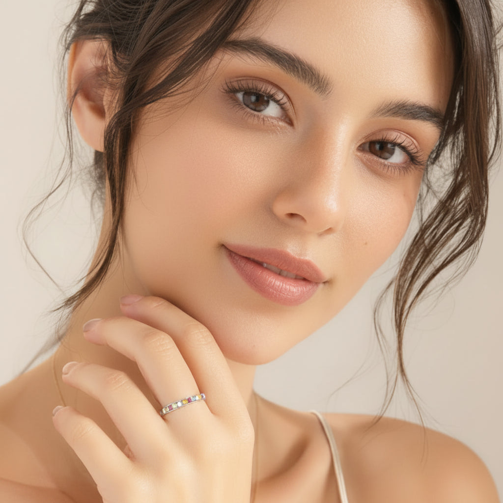 Channel Band Ring in 925 Sterling Silver with Colorful Zircons
