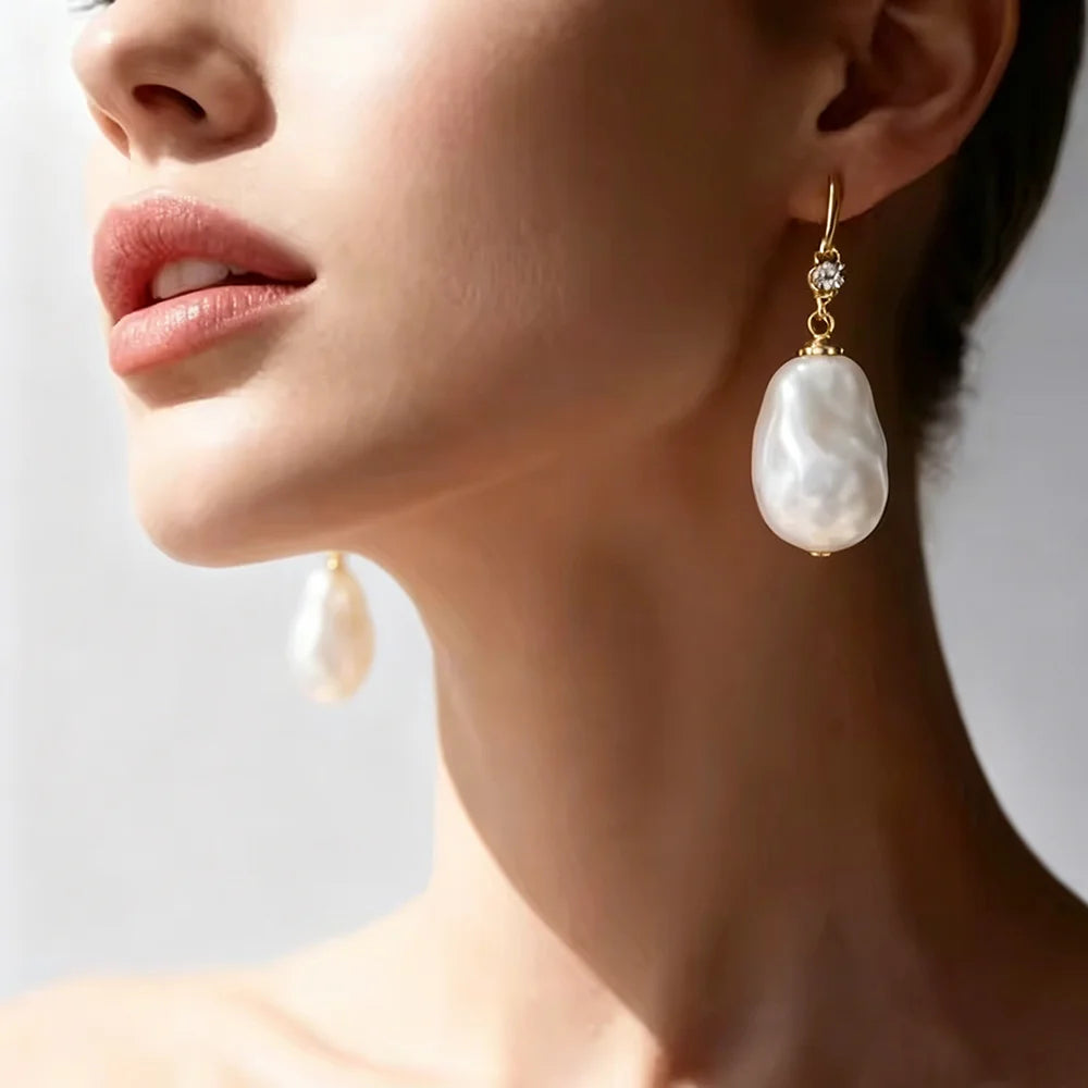 Large Luxury Faux Pearl Earrings & Necklace 14k Gold Plated