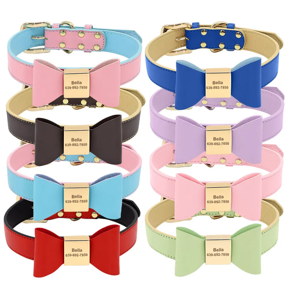 Personalized Dog Name Bow Tie Collar in Soft PU Leather - Very Stylish!