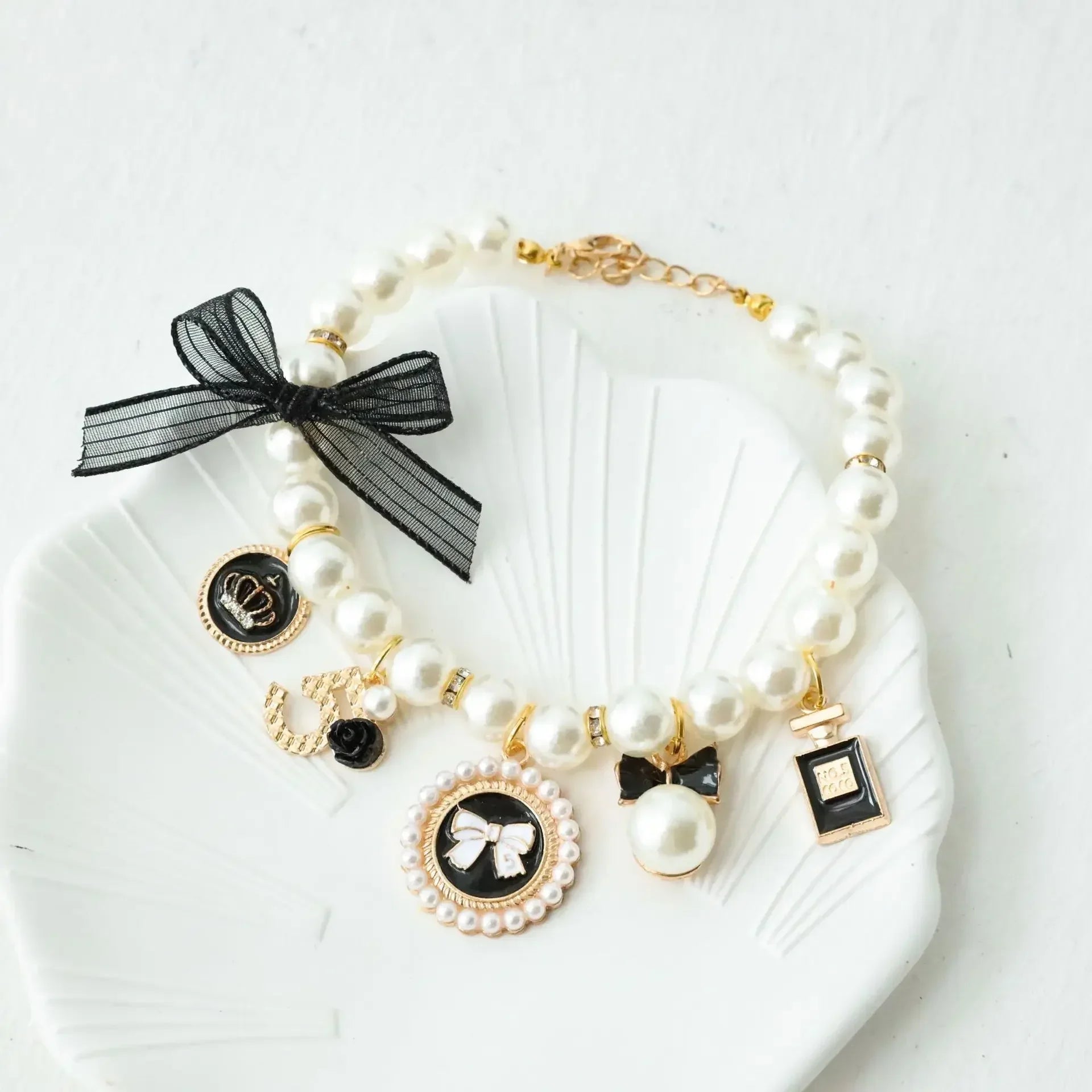 Pet Bow Pearl Necklace with Charms - Rhinestones, Faux Pearl, Princess
