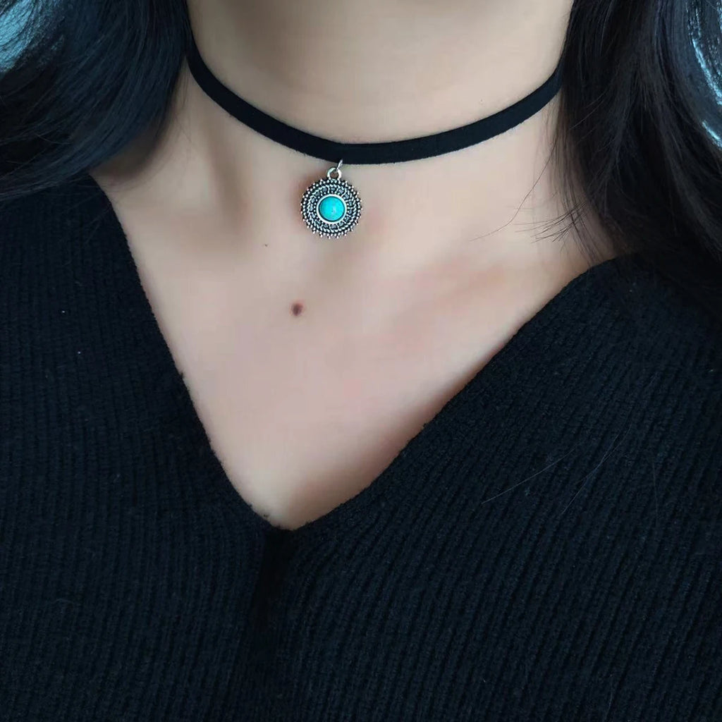Boho Vamp Style Rope Choker Silver Plated Zinc Alloy Turquoise Pendant