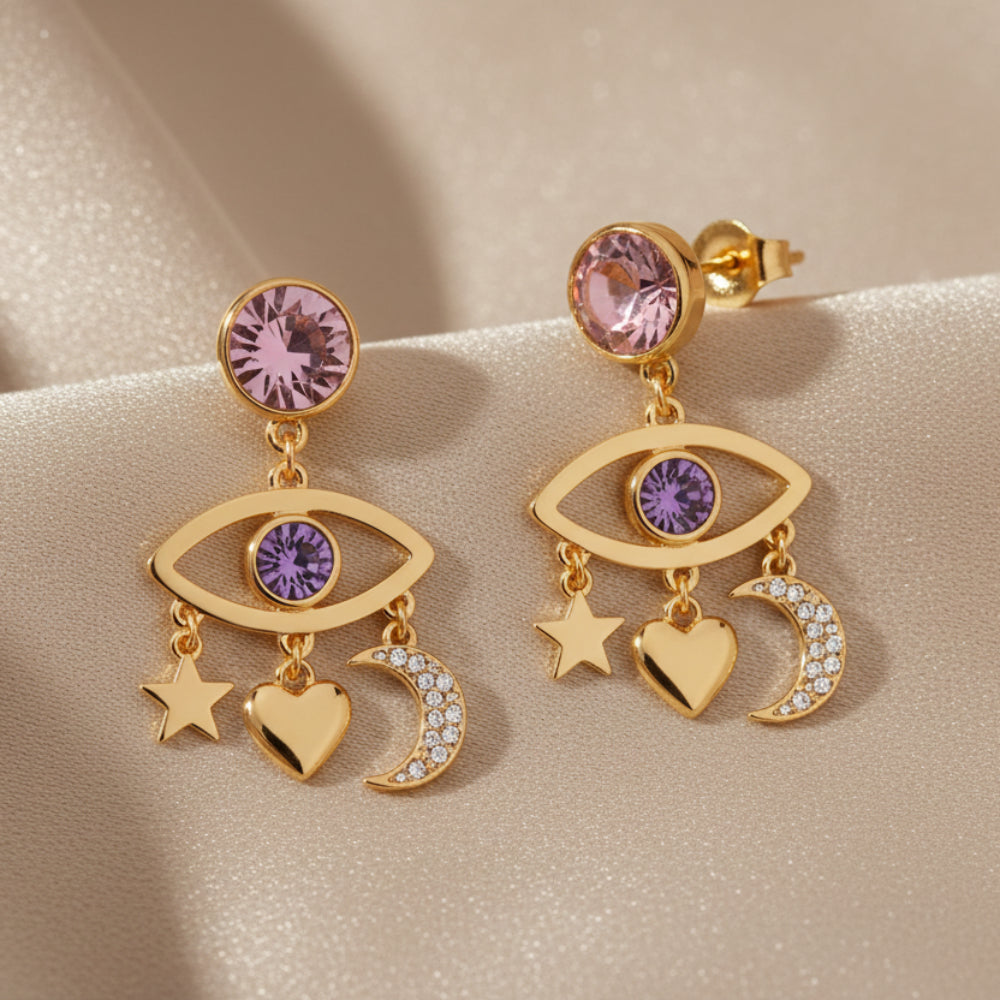 Cosmic Talismans Eye Star Moon Heart Drop Earrings in Sterling Silver with Zircons