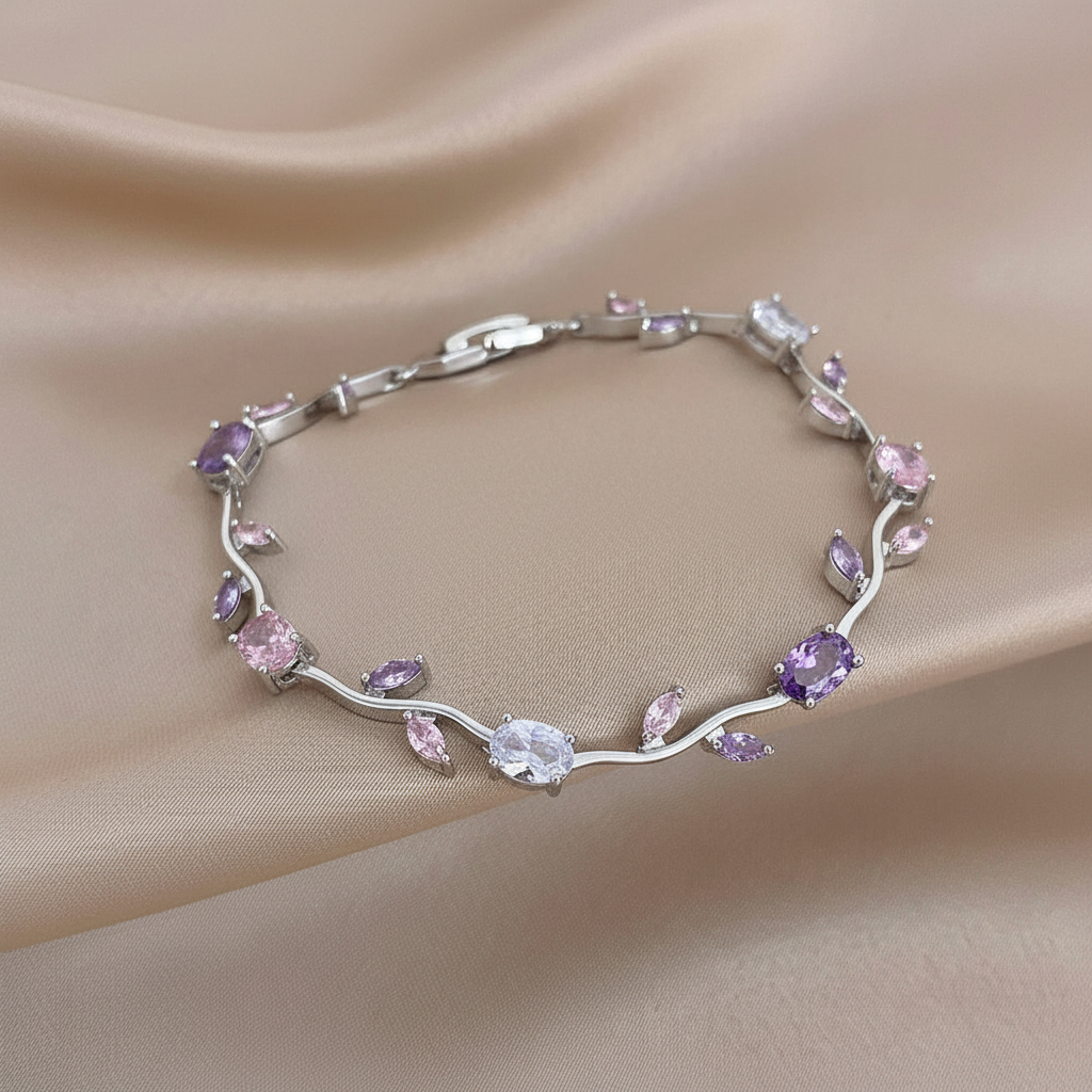 Pink/Purple Zircon Flower Leaf Silver Chain Bracelet in Copper - Elegant, Feminine