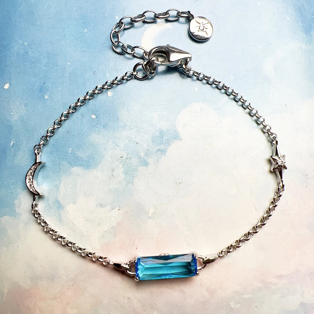 Moon and Star Link Chain Bracelet in 925 Sterling Silver with Zircon Stones