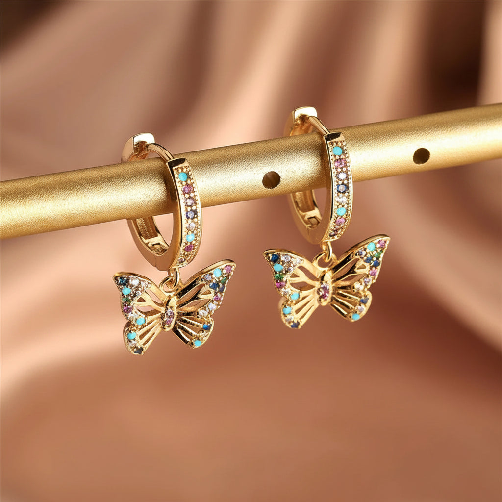 Colorful Butterfly Hoop Earrings in Gold Plated Copper with Zircons