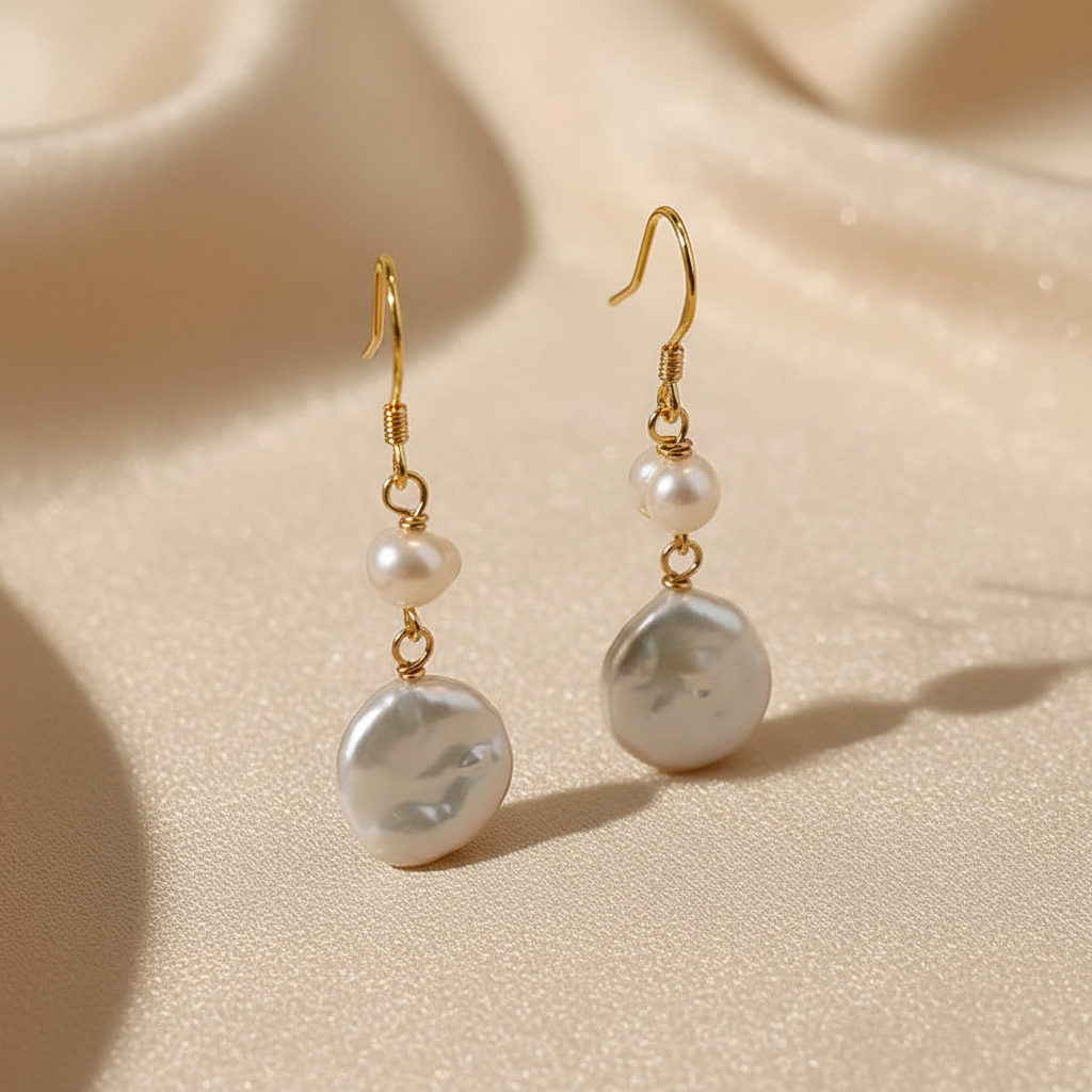 Baroque Button Natural Freshwater Pearl 14K Gold Filled Drop Earrings