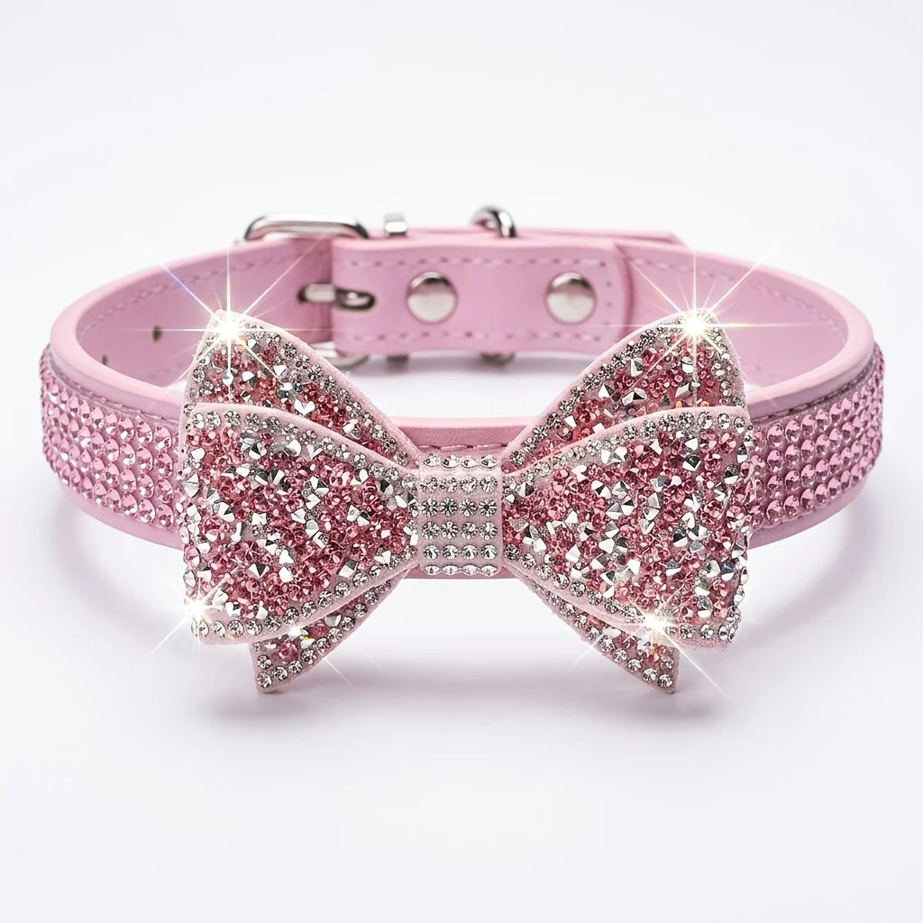 Beautiful PU Leather Pet Collar with Rhinestone Bow - Princess Style, No Choke, Secure Stones