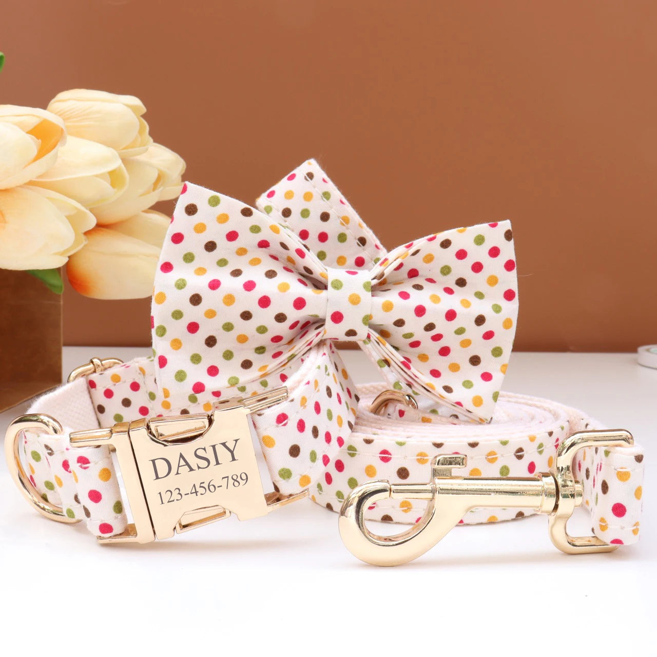 Elegant Fabric Customizable Dog Collar Set - Name Tag, Zinc Alloy Setting, Girly