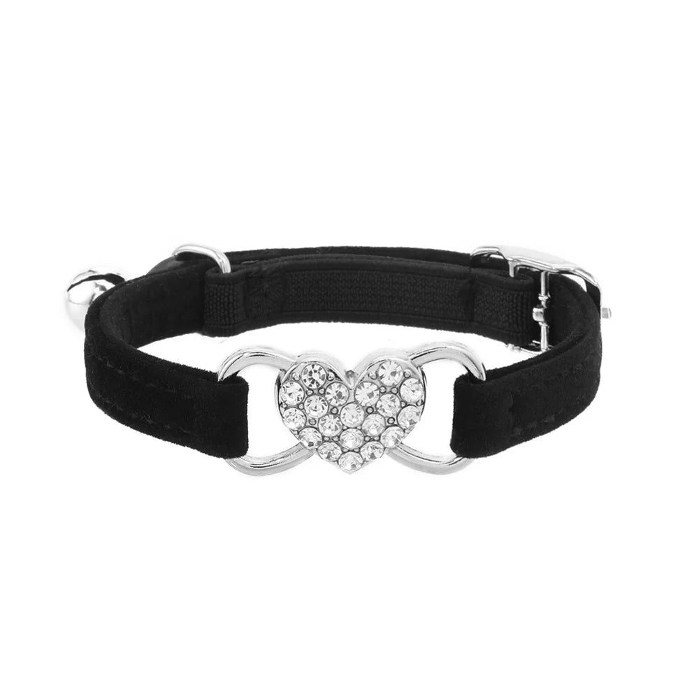 Velvet Cat & Dog Collar with Rhinestones Heart & Bell - Adjustable, 1 cm Wide, Adorable