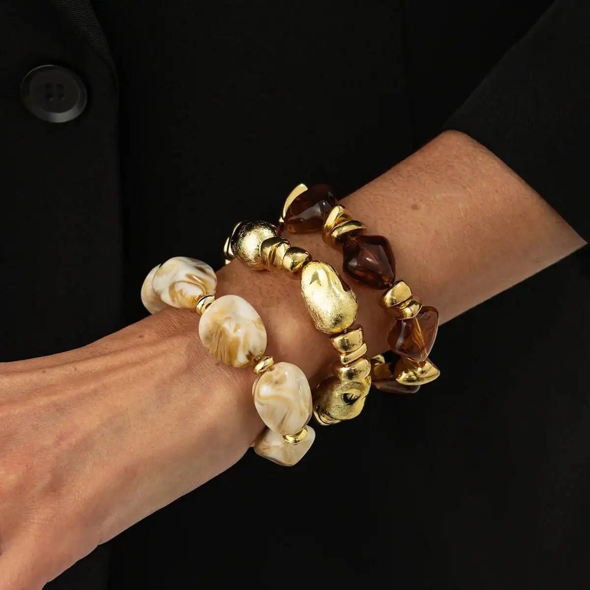 3 Pcs Set Acrylic Resin Copper Coated Bead Bracelets - Y2K Bohemian Uneven Various Forms