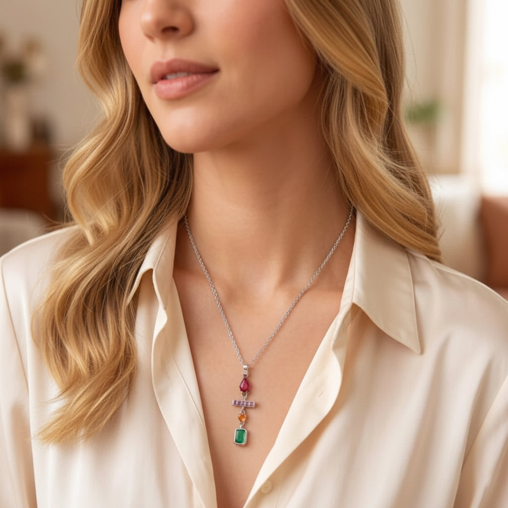 Geometric Colorful Pendant in 925 Sterling Silver with Zircon Stones