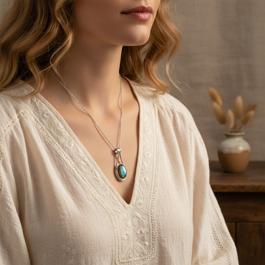 Platinum Plated Sterling Silver Pendant with Natural Labradorite