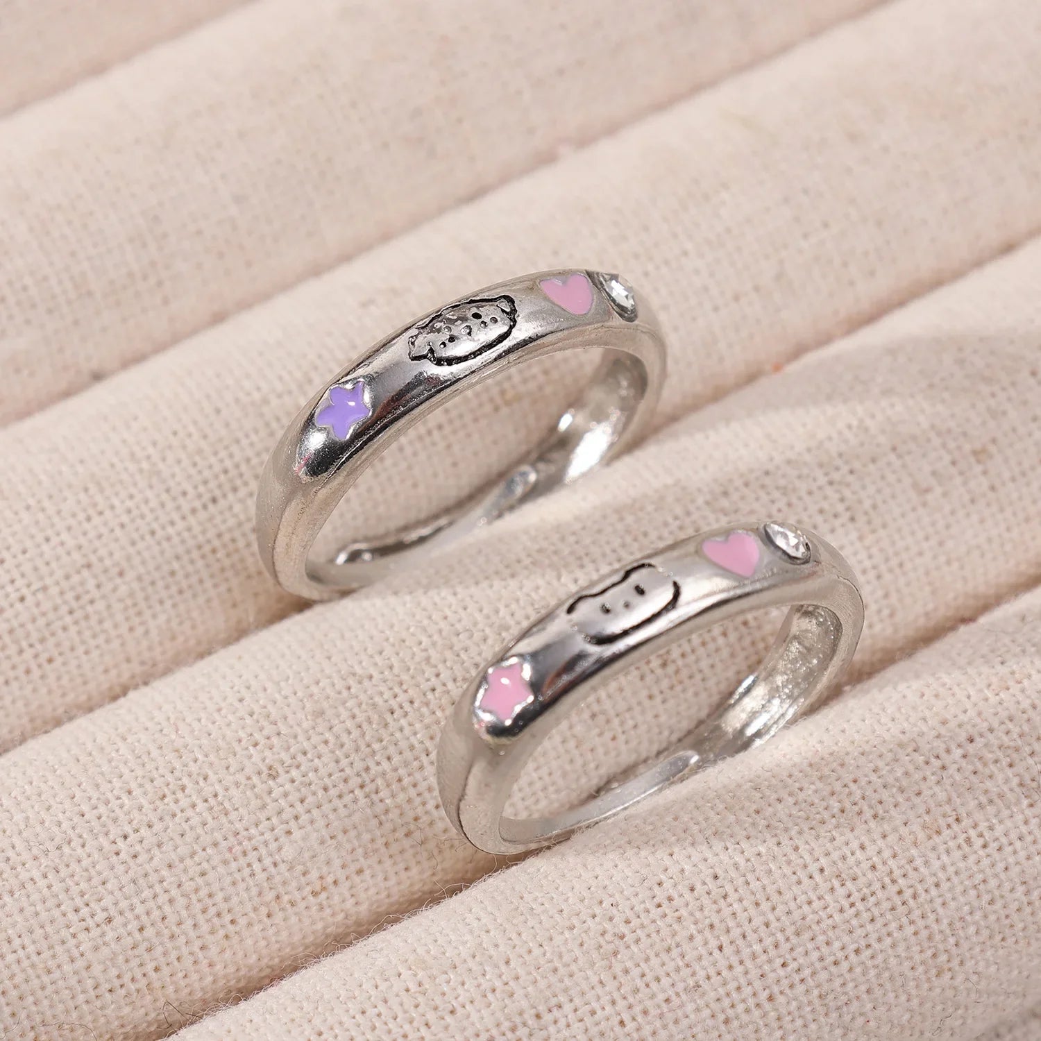 Cat & Dog Rings with Pink CZ Heart & Star - Buy a Set or Choose One, Made of Zink Alloy, Adjustable Size