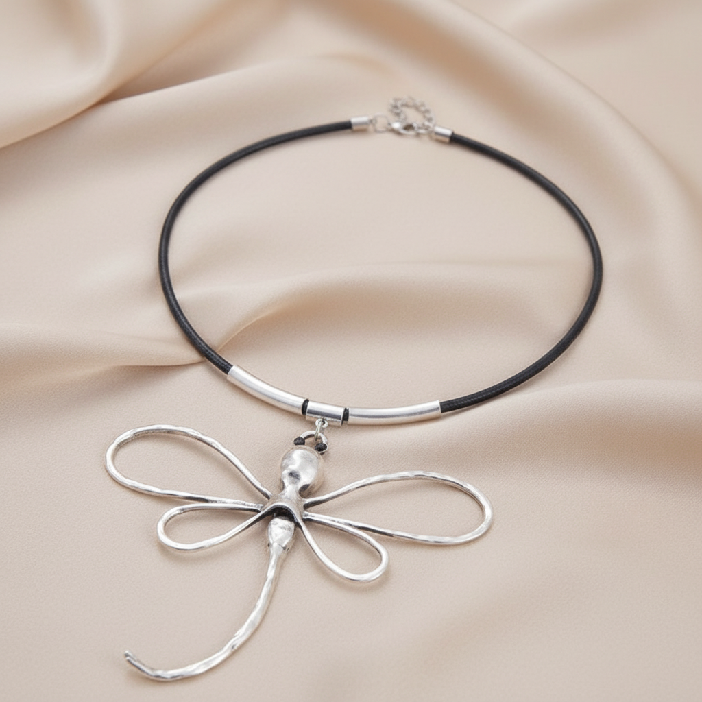 Bold Boho Style Silver Dragonfly Alloy Pendant on Long Cord Choker Necklace