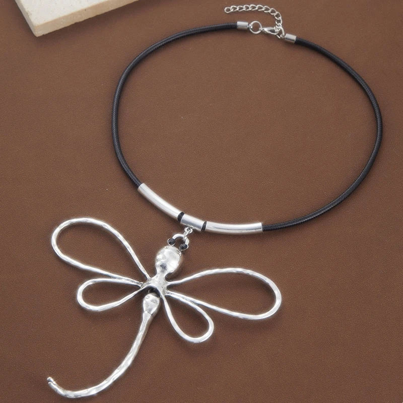 Bold Boho Style Silver Dragonfly Alloy Pendant on Long Cord Choker Necklace
