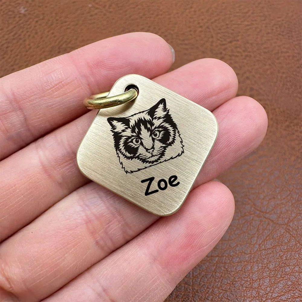 Hand Hammered Square Brass Dogs ID Name Tag Customizable Engravable