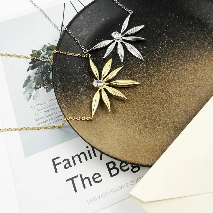 Gold Tone 925 Sterling Silver Leaf Pendant Necklace