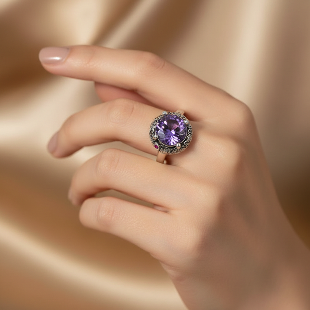 925 Sterling Silver Large Purple CZ Stone Adjustable Ring