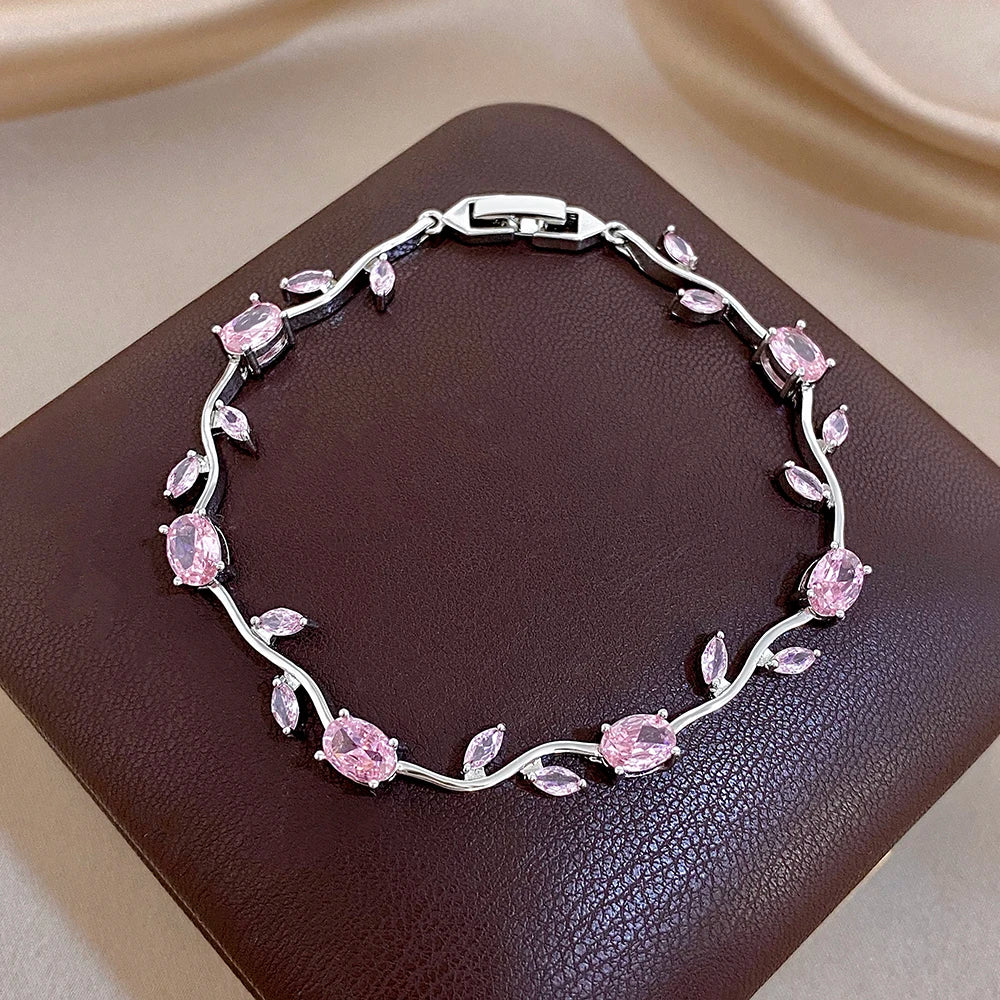 Pink/Purple Zircon Flower Leaf Silver Chain Bracelet in Copper - Elegant, Feminine