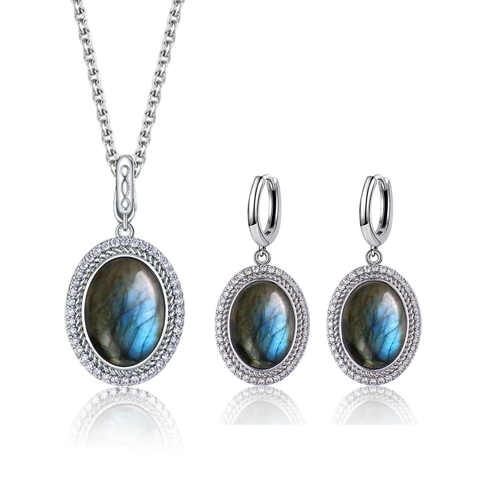 925 Sterling Silver Natural Moonstone Pendant & Earrings Set