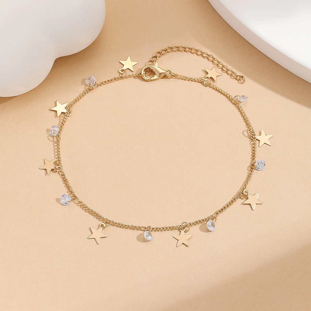 Gold Tone Stainless Steel Zircon Star Anklet - Refined, Elegant