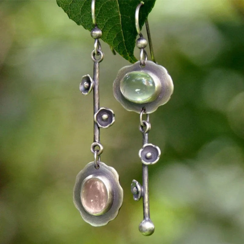 Vintage Inspired Round Stone Flower Alloy Asymmetrical Earrings
