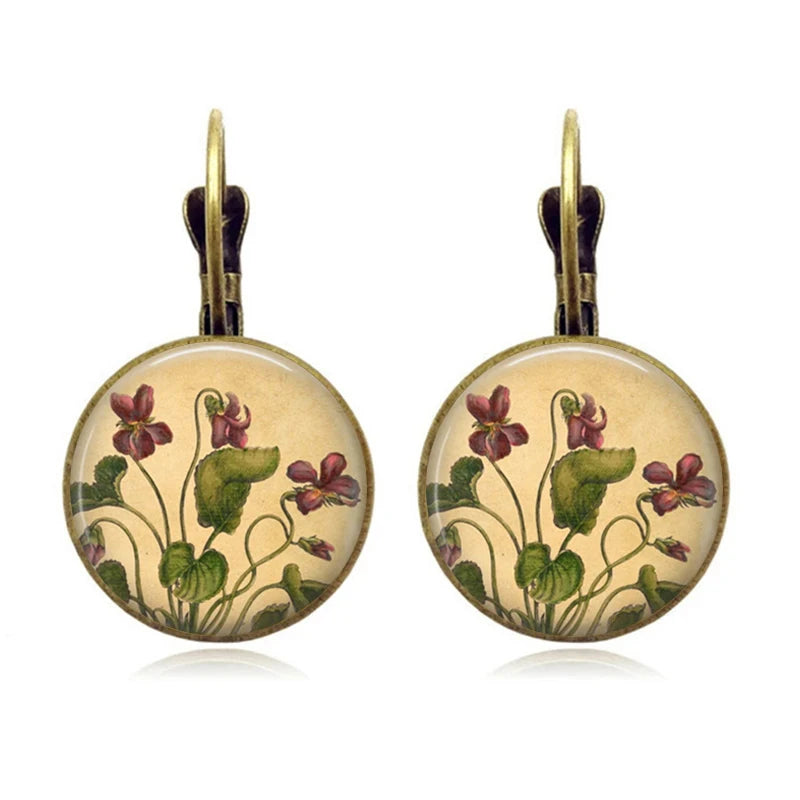 Retro Vintage Pink Rose Flower Round Glass Alloy Earrings - Several Options