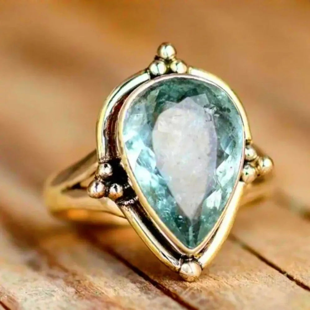 Vintage Inspired Pear-Shaped Natural Light Blue Stone Teardrop Copper Cocktail Ring