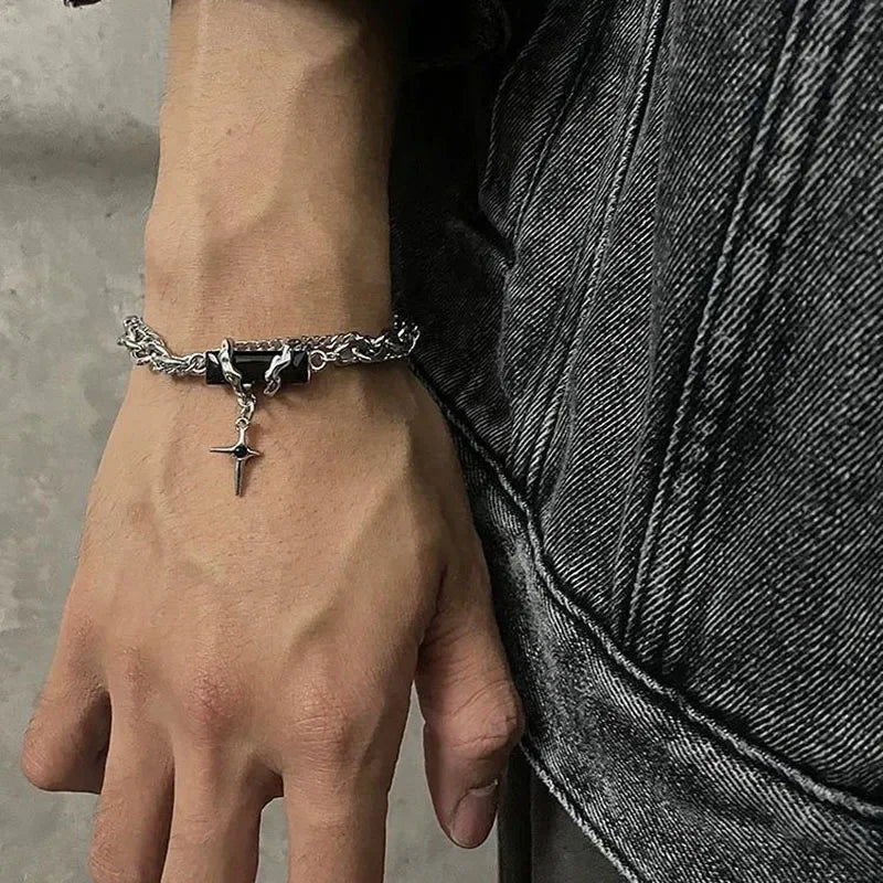 Retro Black Zircon Star Chain Stainless Steel Punk Bracelet