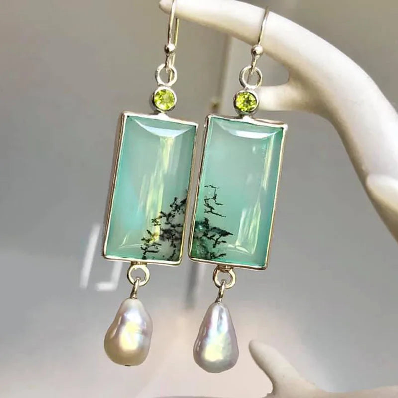 Square Green Opal Stone Dangle Alloy Earrings with Natural Pearls & CZ Stones