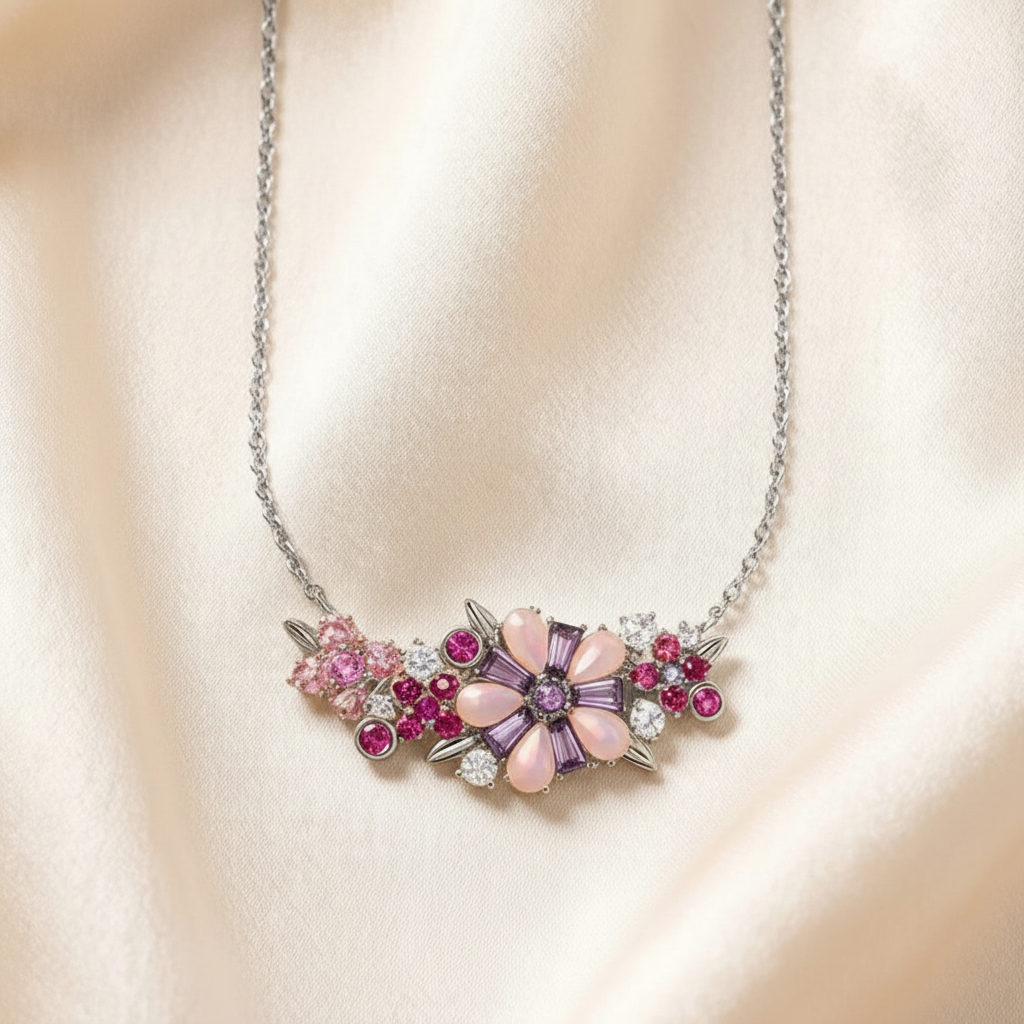 Flower Necklace in 925 Sterling Silver with Zircon Stones