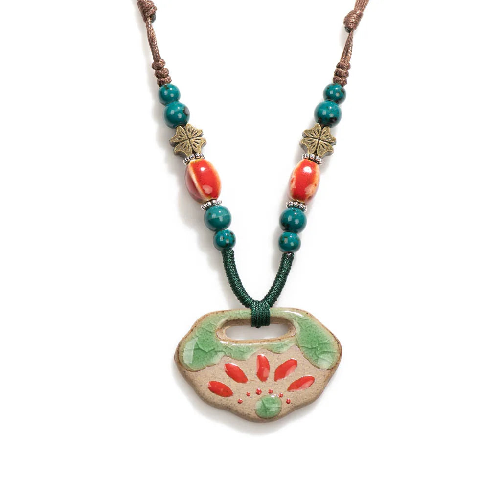 Handmade Ceramic Pendant Beads Necklace Retro