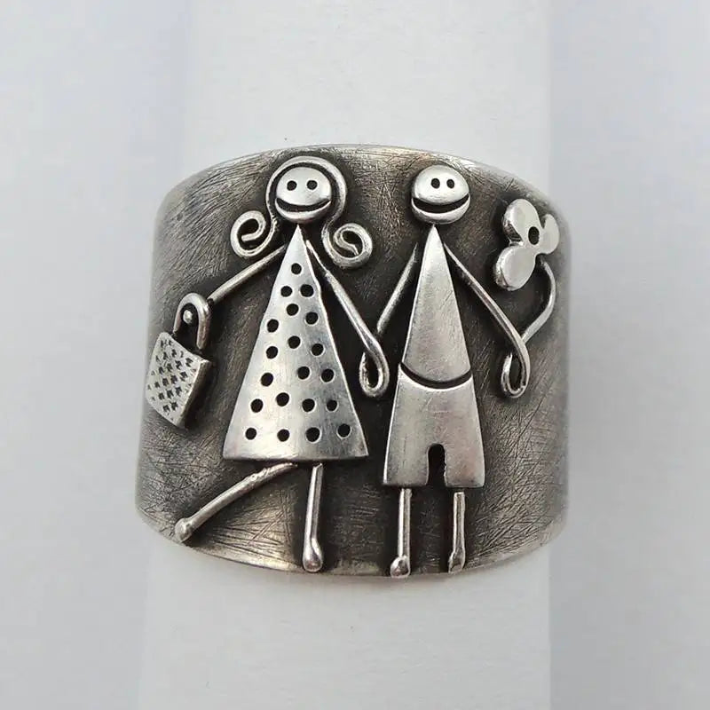 Vintage Inspired Silver-Plated Copper Ring - Hand Carved Couples Woman Man Holding Hands