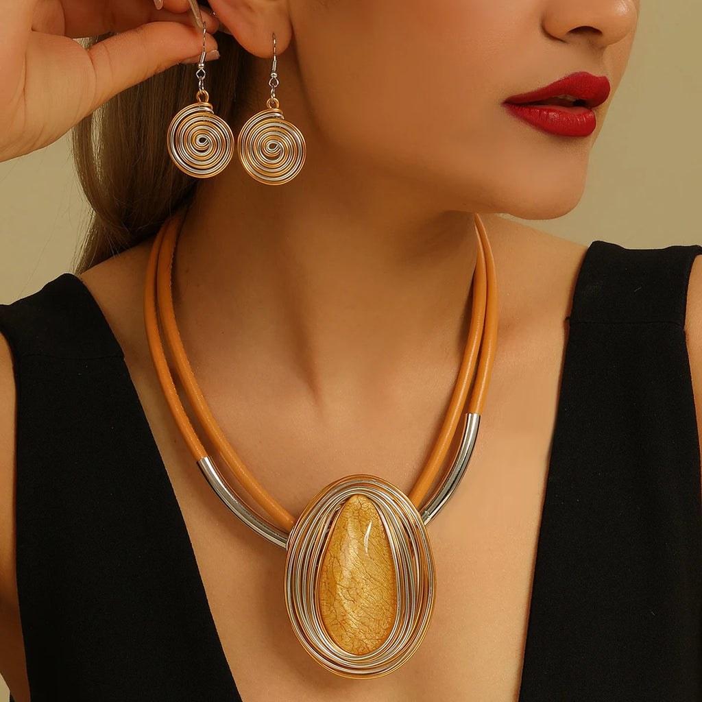 Colorful Large Crystal Oval Shape Alloy Necklace & Earrings