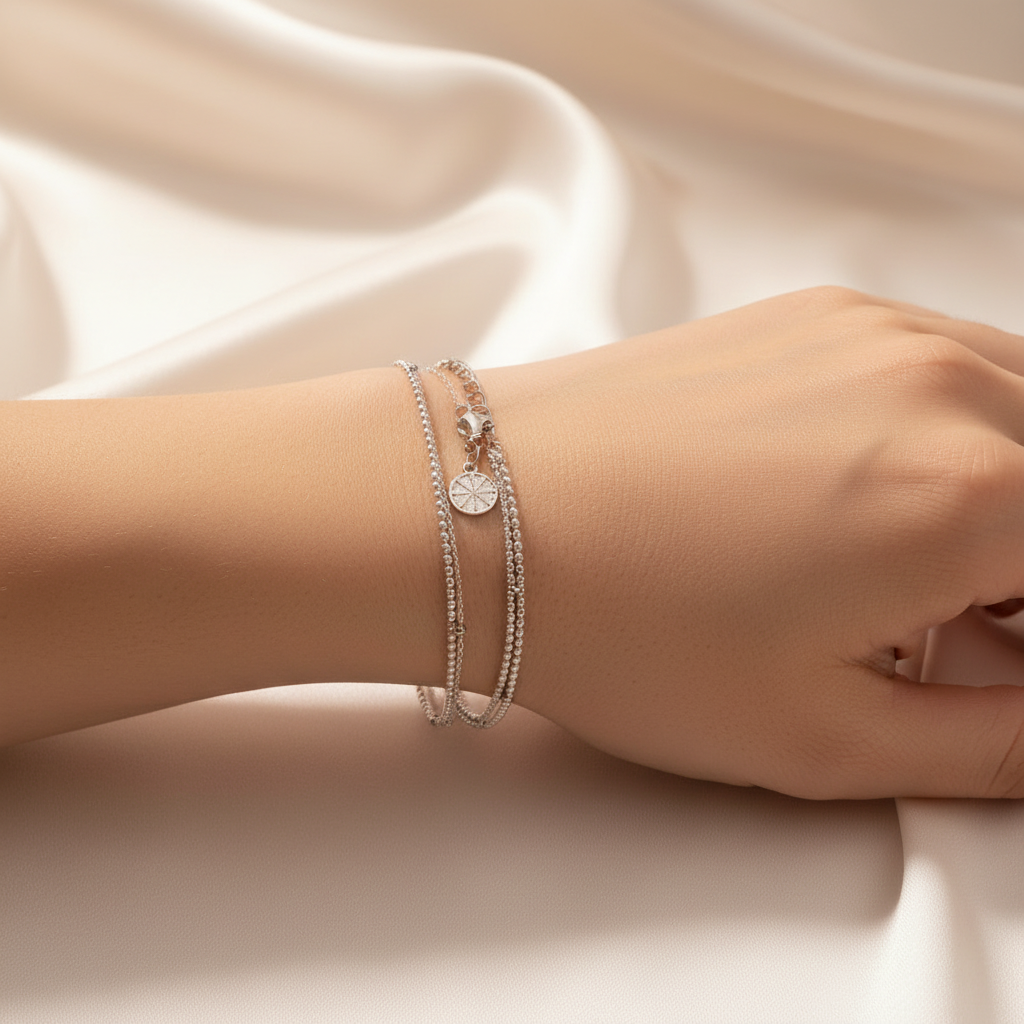 Karma Wheel Wire Chain Bracelet in 925 Sterling Silver