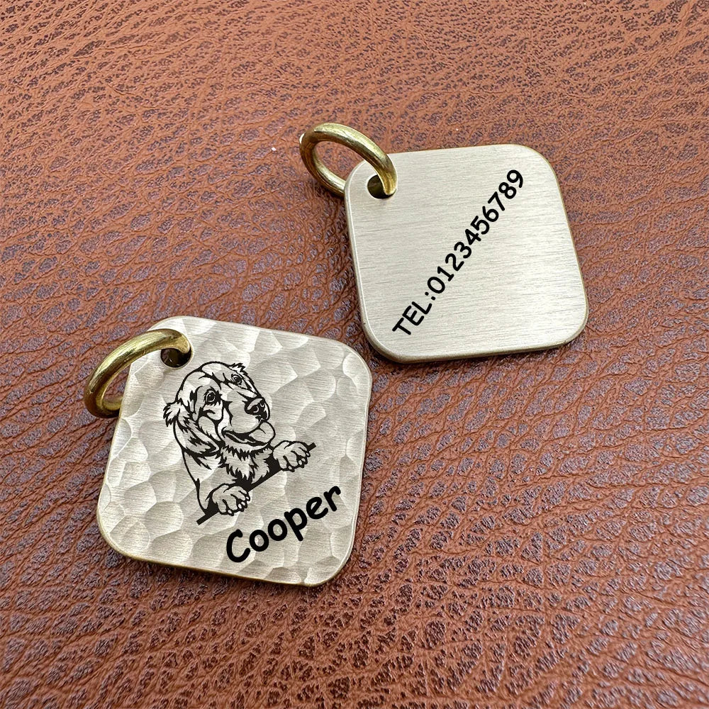 Hand Hammered Square Brass Dogs ID Name Tag Customizable Engravable