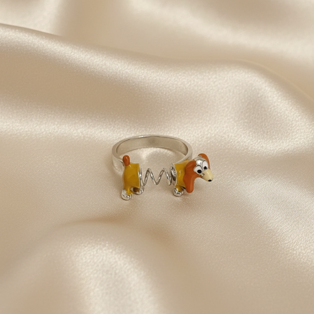 Spring Dog Ring in Zinc Alloy - Adjustable, Cartoon Dog, Orange