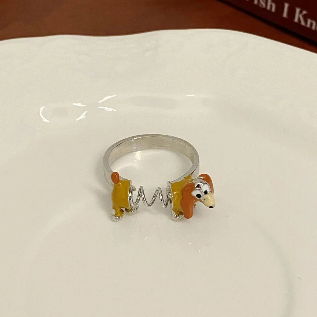Spring Dog Ring in Zinc Alloy - Adjustable, Cartoon Dog, Orange