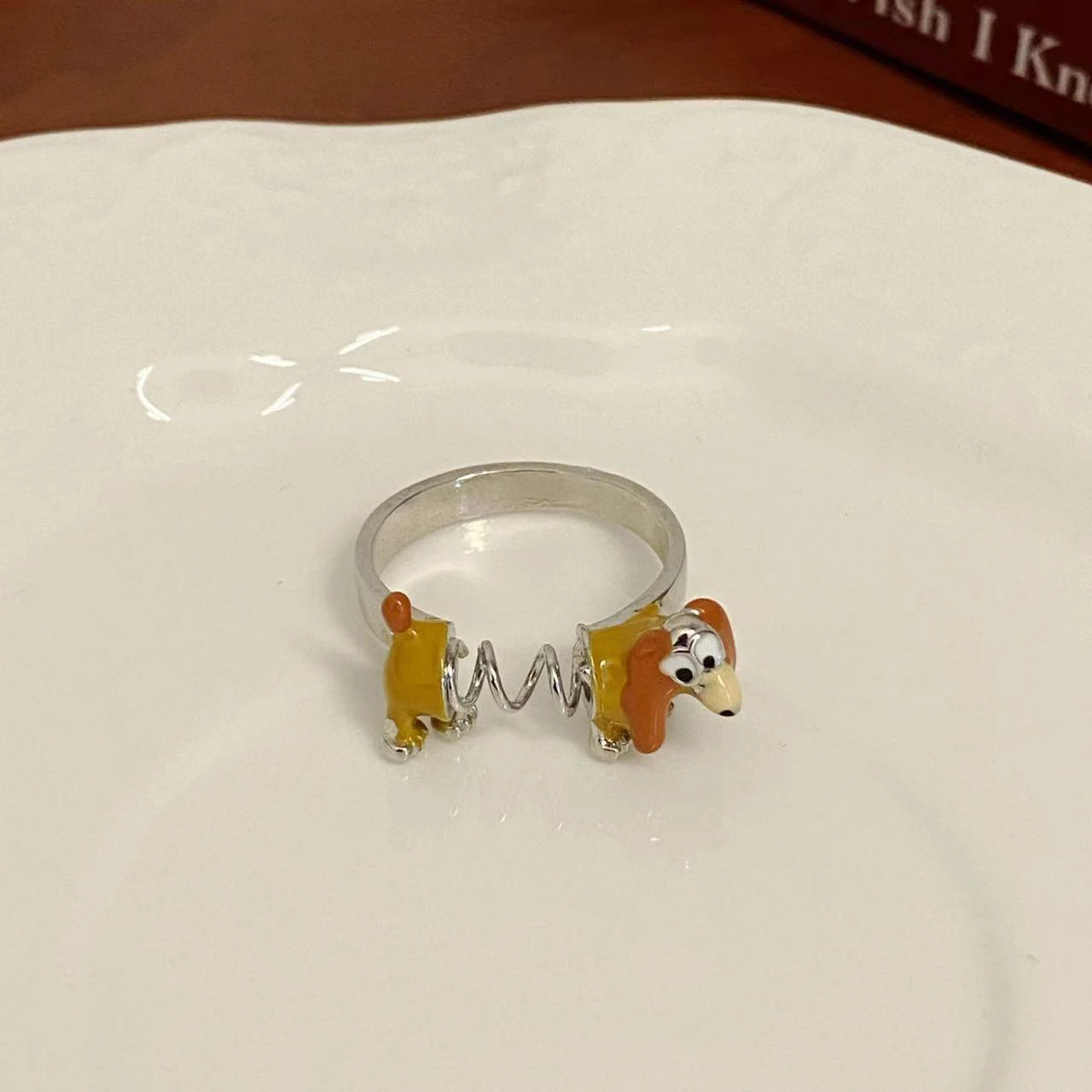 Spring Dog Ring in Zinc Alloy - Adjustable, Cartoon Dog, Orange